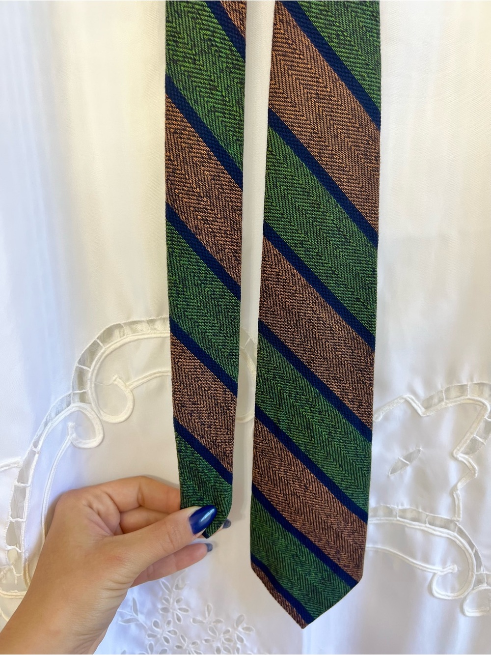 Billy Reid 100% Cotton Striped Herringbone Tie Green Brown Navy USA